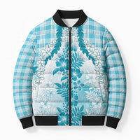 Aloha Hawaii Palaka Bomber Puffer Jacket Blue Plumeria Lei LT05 Unisex Blue - Polynesian Pride