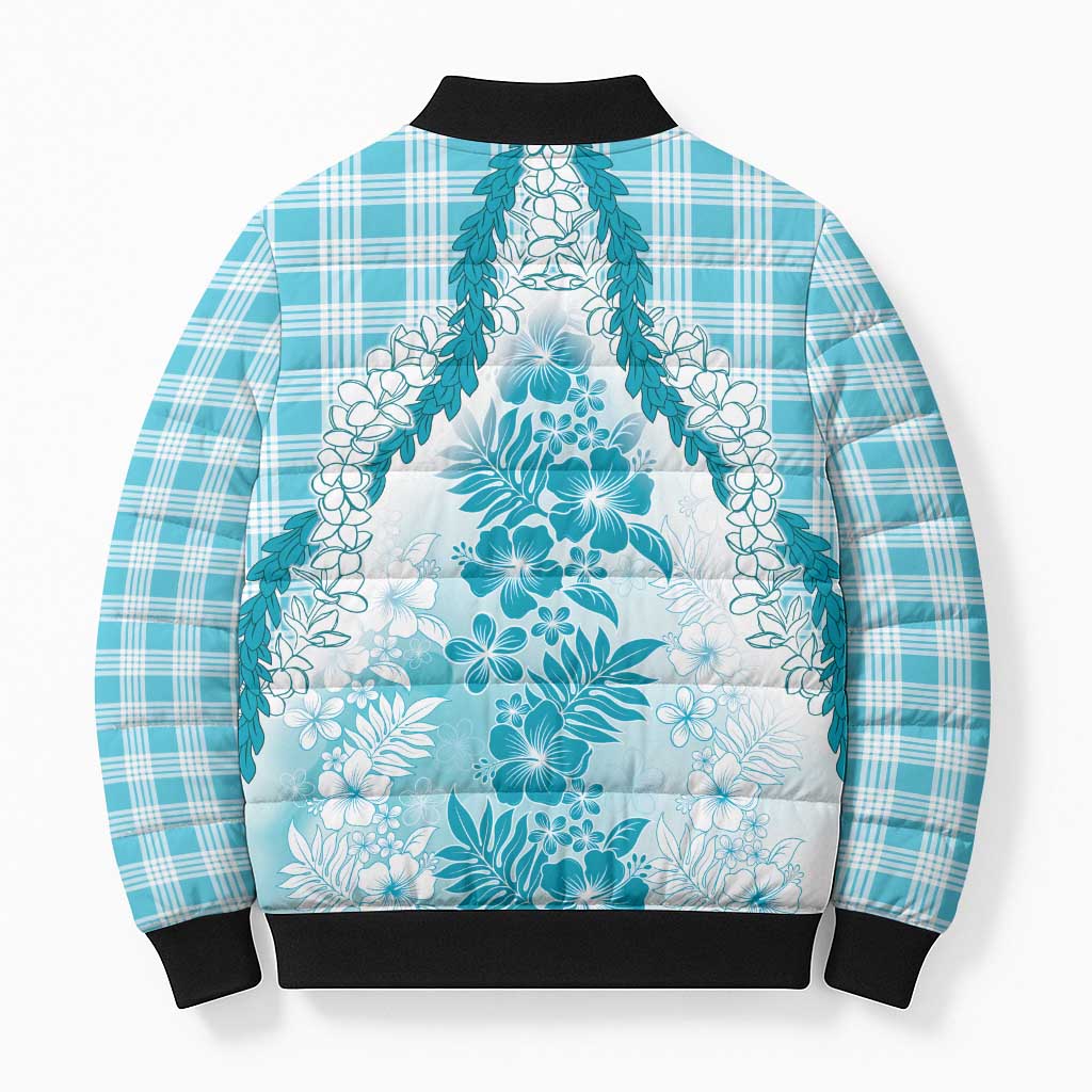 Aloha Hawaii Palaka Bomber Puffer Jacket Blue Plumeria Lei LT05 - Polynesian Pride