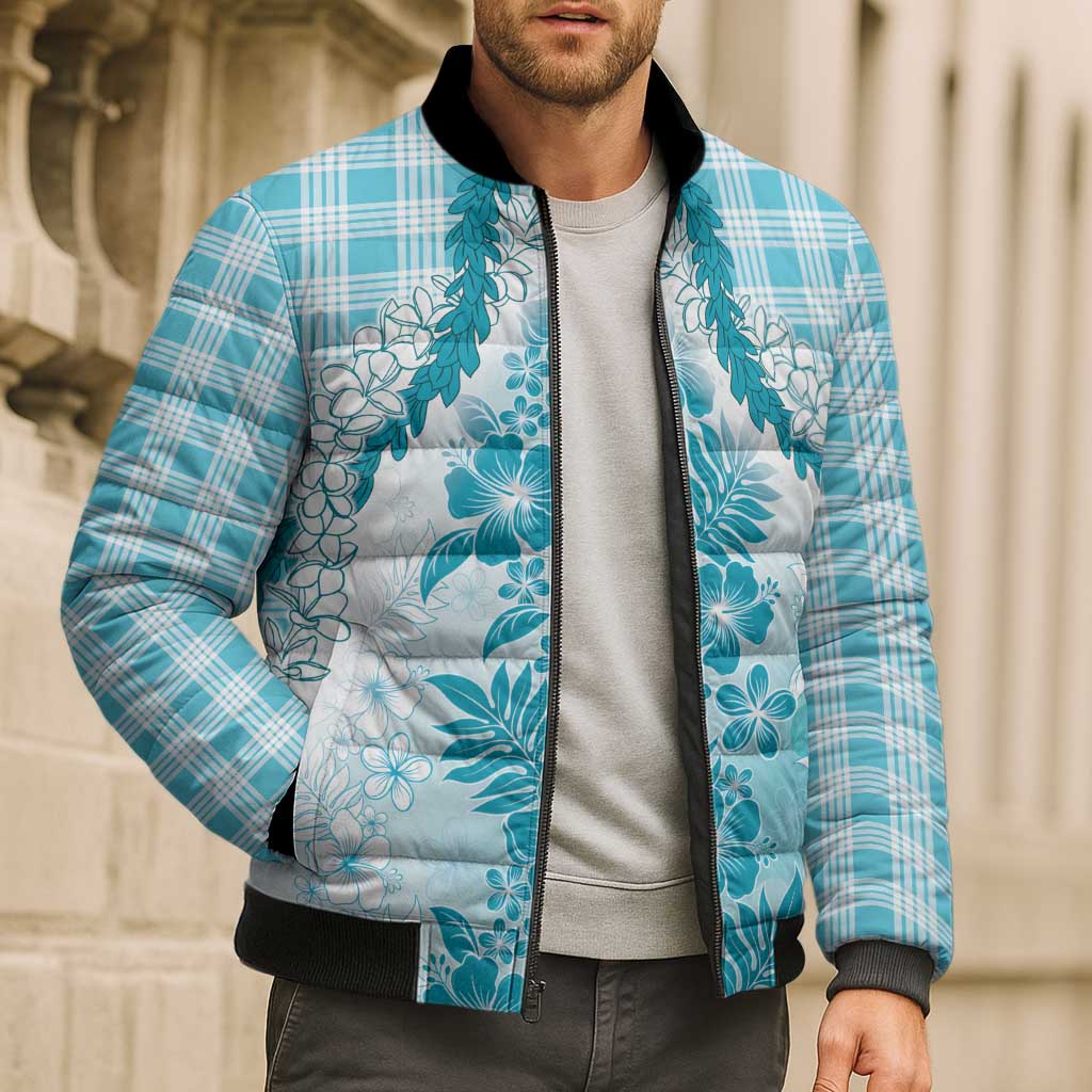 Aloha Hawaii Palaka Bomber Puffer Jacket Blue Plumeria Lei LT05 - Polynesian Pride