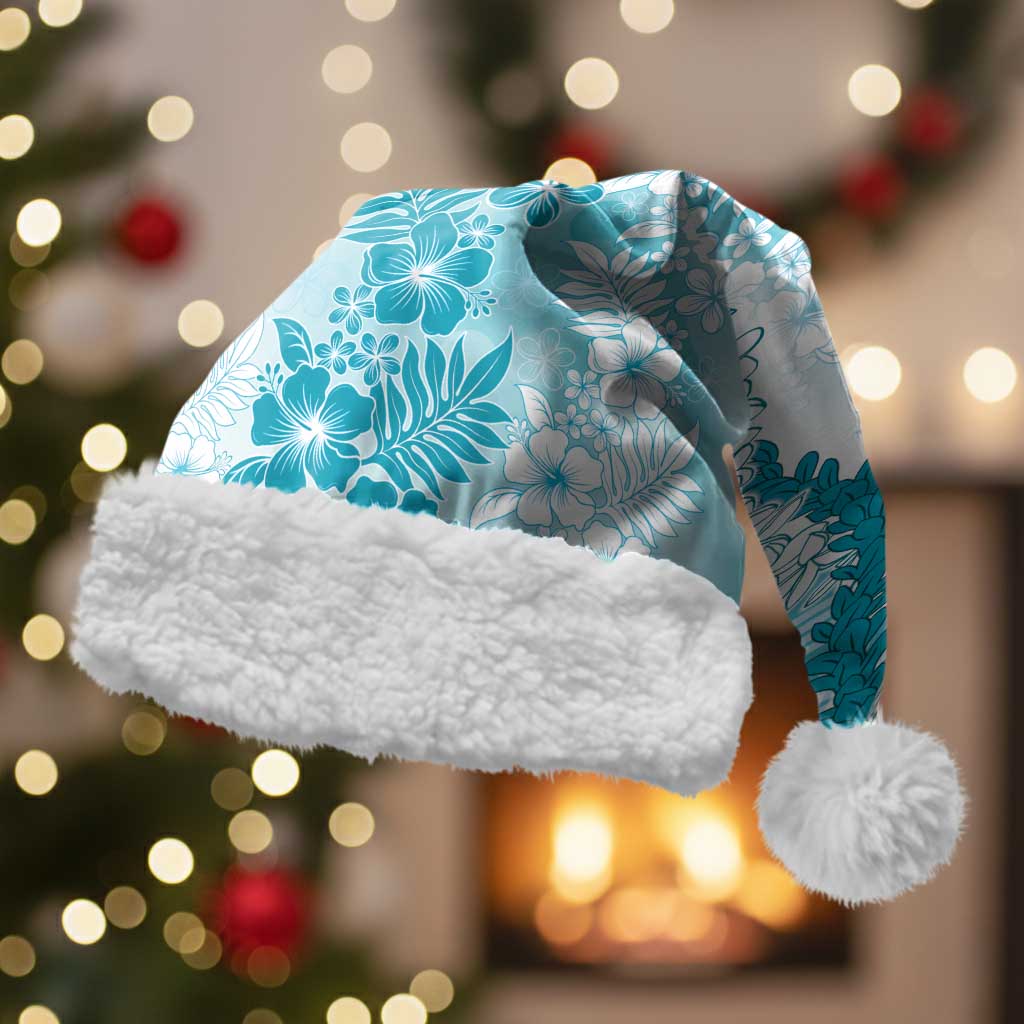Aloha Hawaii Palaka Christmas Santa Hat Blue Plumeria Lei LT05 With Fur Blue - Polynesian Pride