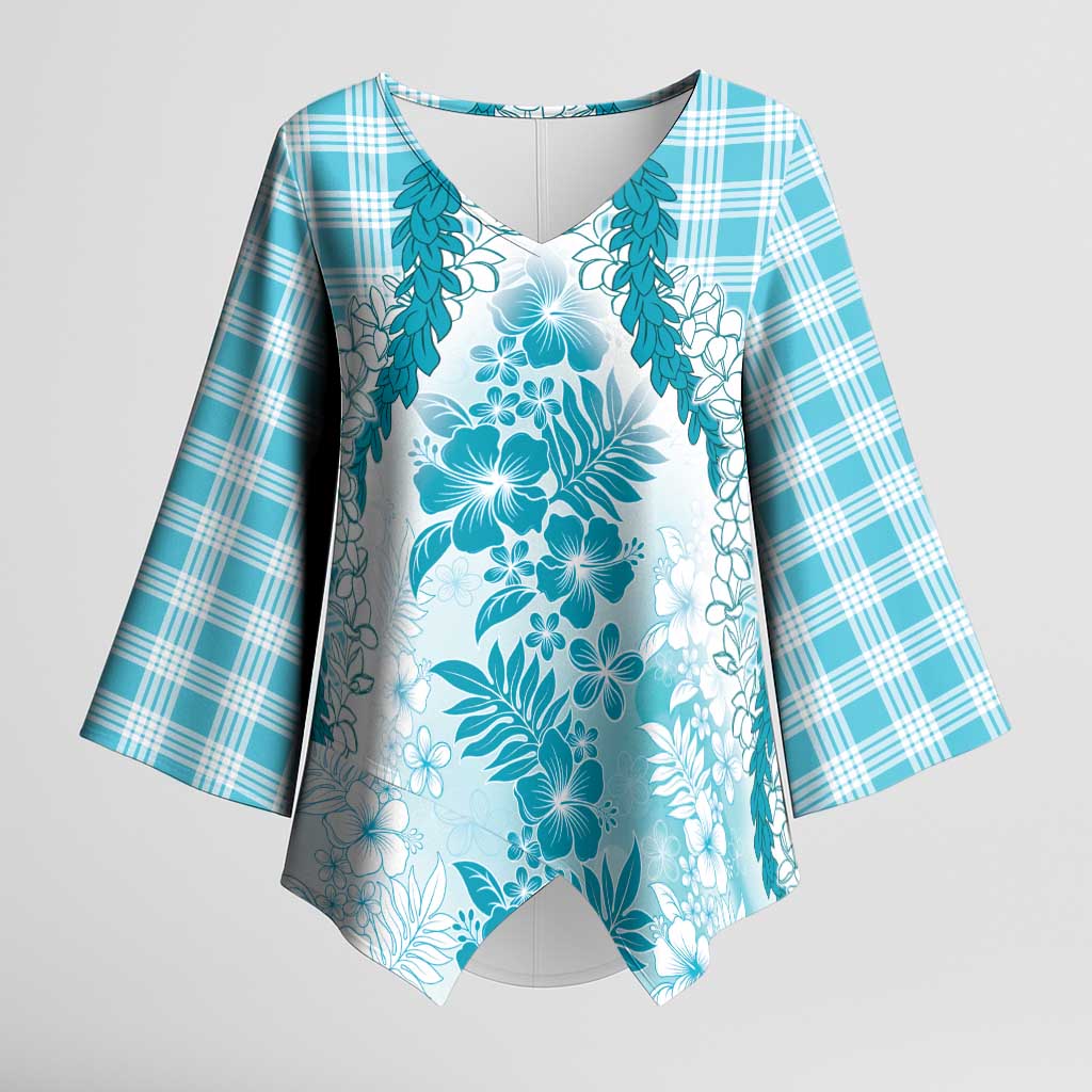Aloha Hawaii Palaka Kimono Sleeve Blouse Blue Plumeria Lei LT05 Female Blue - Polynesian Pride