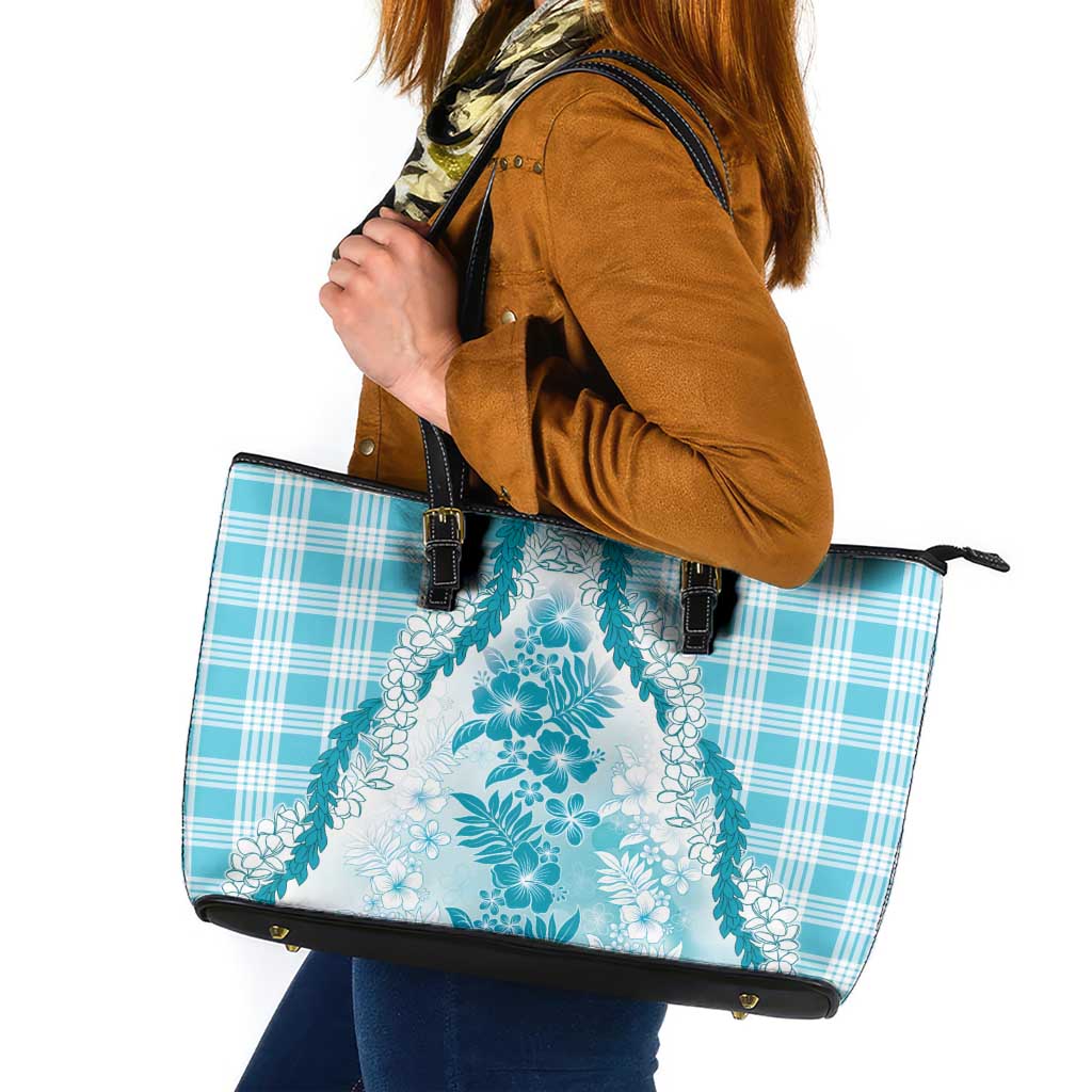 Aloha Hawaii Palaka Leather Tote Bag Blue Plumeria Lei LT05 Blue - Polynesian Pride