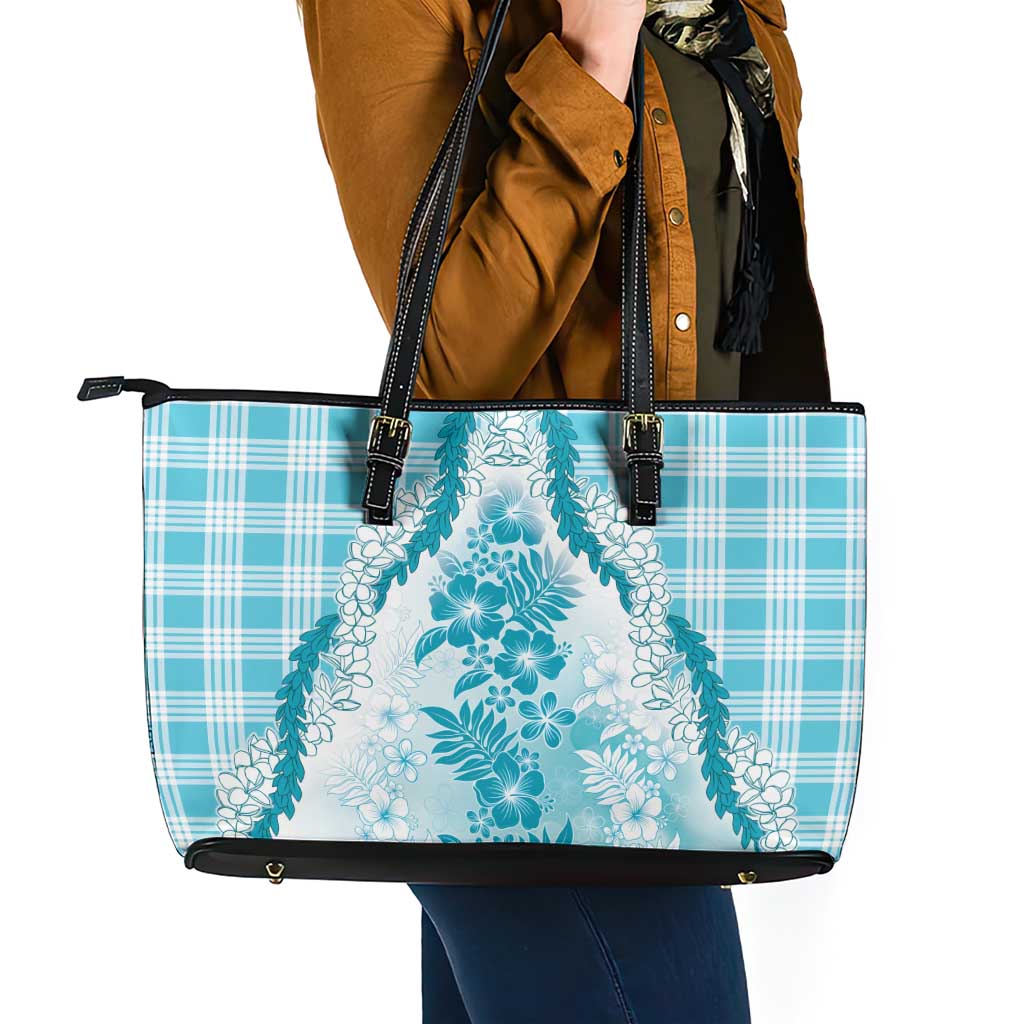 Aloha Hawaii Palaka Leather Tote Bag Blue Plumeria Lei LT05 - Polynesian Pride