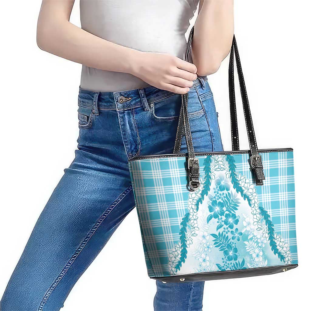 Aloha Hawaii Palaka Leather Tote Bag Blue Plumeria Lei LT05 - Polynesian Pride