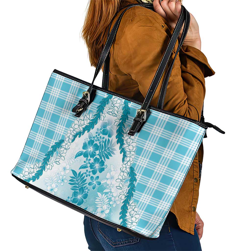 Aloha Hawaii Palaka Leather Tote Bag Blue Plumeria Lei LT05 - Polynesian Pride