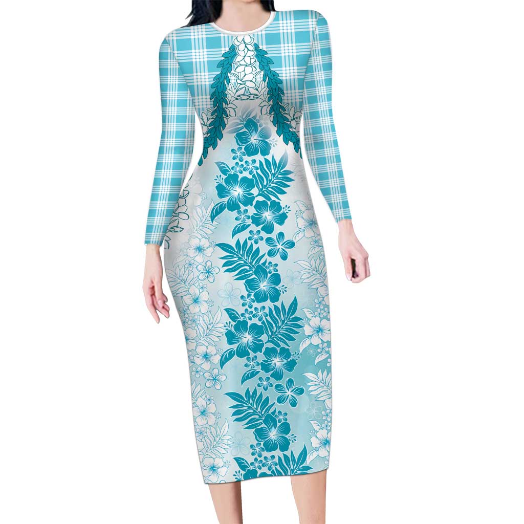 Aloha Hawaii Palaka Long Sleeve Bodycon Dress Blue Plumeria Lei LT05 Long Dress Blue - Polynesian Pride