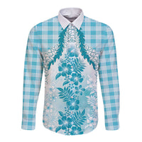 Aloha Hawaii Palaka Long Sleeve Button Shirt Blue Plumeria Lei LT05 Unisex Blue - Polynesian Pride