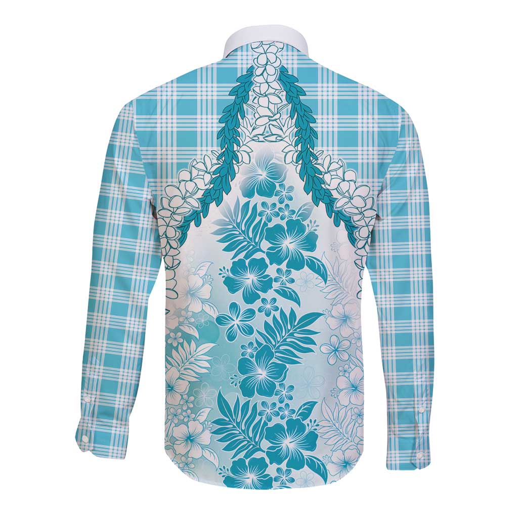 Aloha Hawaii Palaka Long Sleeve Button Shirt Blue Plumeria Lei LT05 - Polynesian Pride