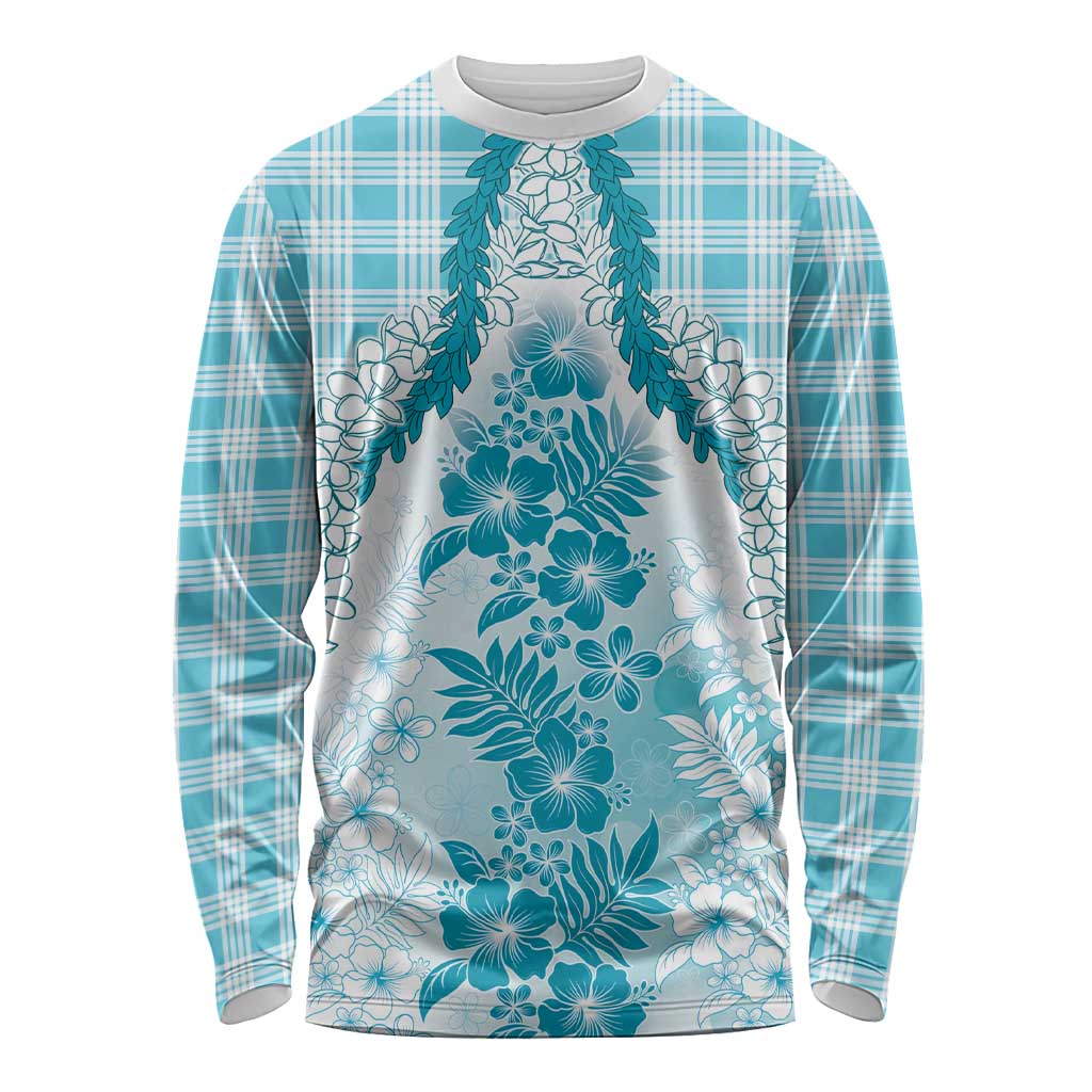 Aloha Hawaii Palaka Long Sleeve Shirt Blue Plumeria Lei LT05 Unisex Blue - Polynesian Pride