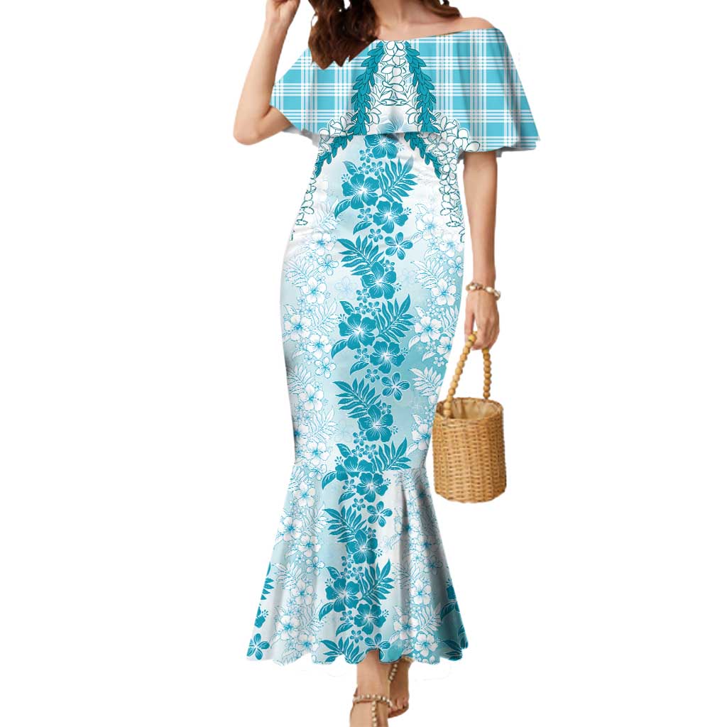 Aloha Hawaii Palaka Mermaid Dress Blue Plumeria Lei LT05 Women Blue - Polynesian Pride