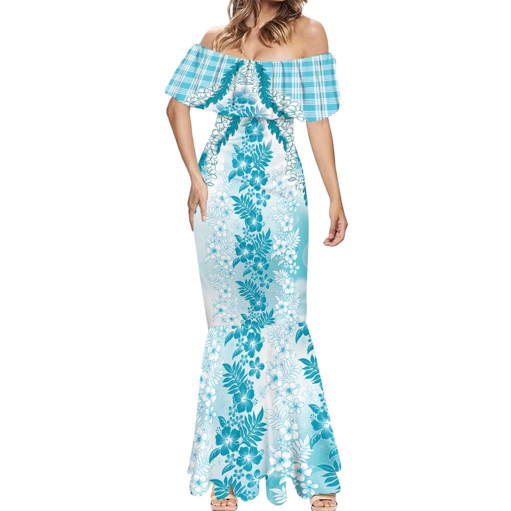Aloha Hawaii Palaka Mermaid Dress Blue Plumeria Lei LT05 - Polynesian Pride
