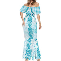 Aloha Hawaii Palaka Mermaid Dress Blue Plumeria Lei LT05 - Polynesian Pride