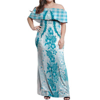 Aloha Hawaii Palaka Off Shoulder Maxi Dress Blue Plumeria Lei LT05 Women Blue - Polynesian Pride