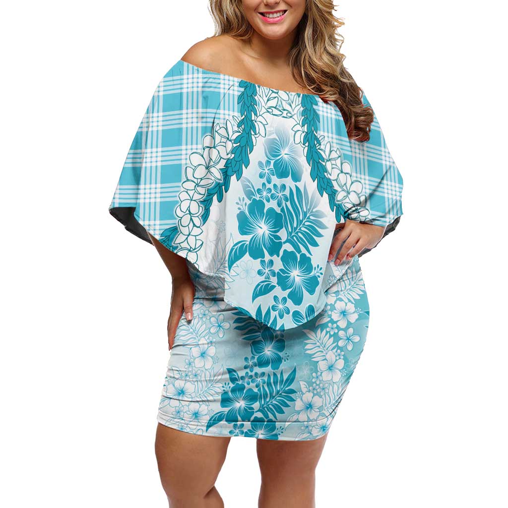 Aloha Hawaii Palaka Off Shoulder Short Dress Blue Plumeria Lei LT05 Women Blue - Polynesian Pride