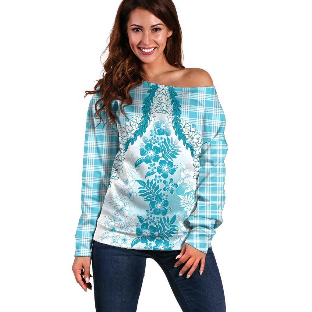 Aloha Hawaii Palaka Off Shoulder Sweater Blue Plumeria Lei LT05 Women Blue - Polynesian Pride