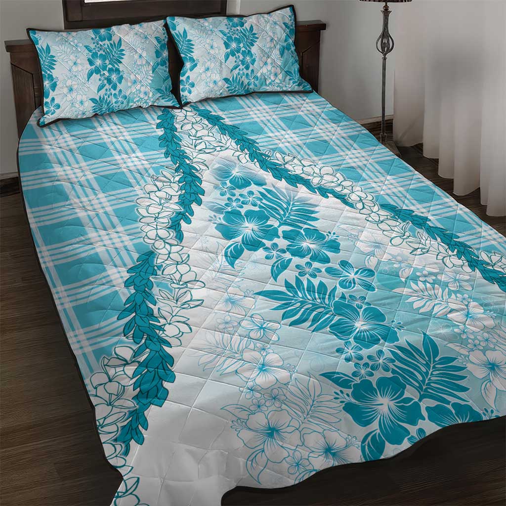 Aloha Hawaii Palaka Quilt Bed Set Blue Plumeria Lei LT05 Blue - Polynesian Pride