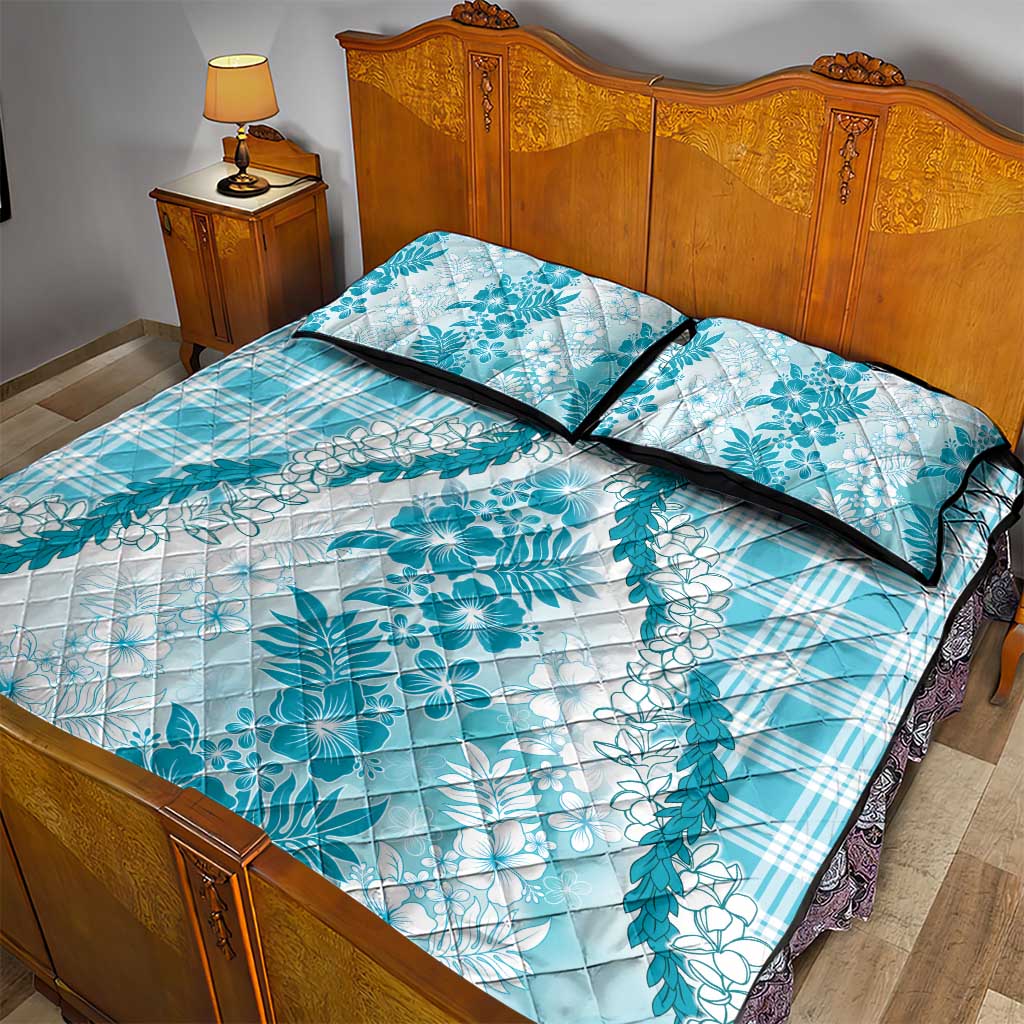 Aloha Hawaii Palaka Quilt Bed Set Blue Plumeria Lei LT05 - Polynesian Pride
