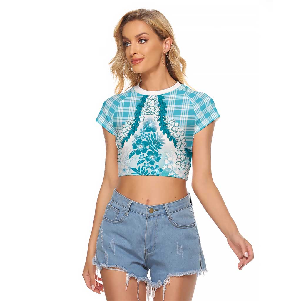 Aloha Hawaii Palaka Raglan Cropped T Shirt Blue Plumeria Lei LT05 Female Blue - Polynesian Pride