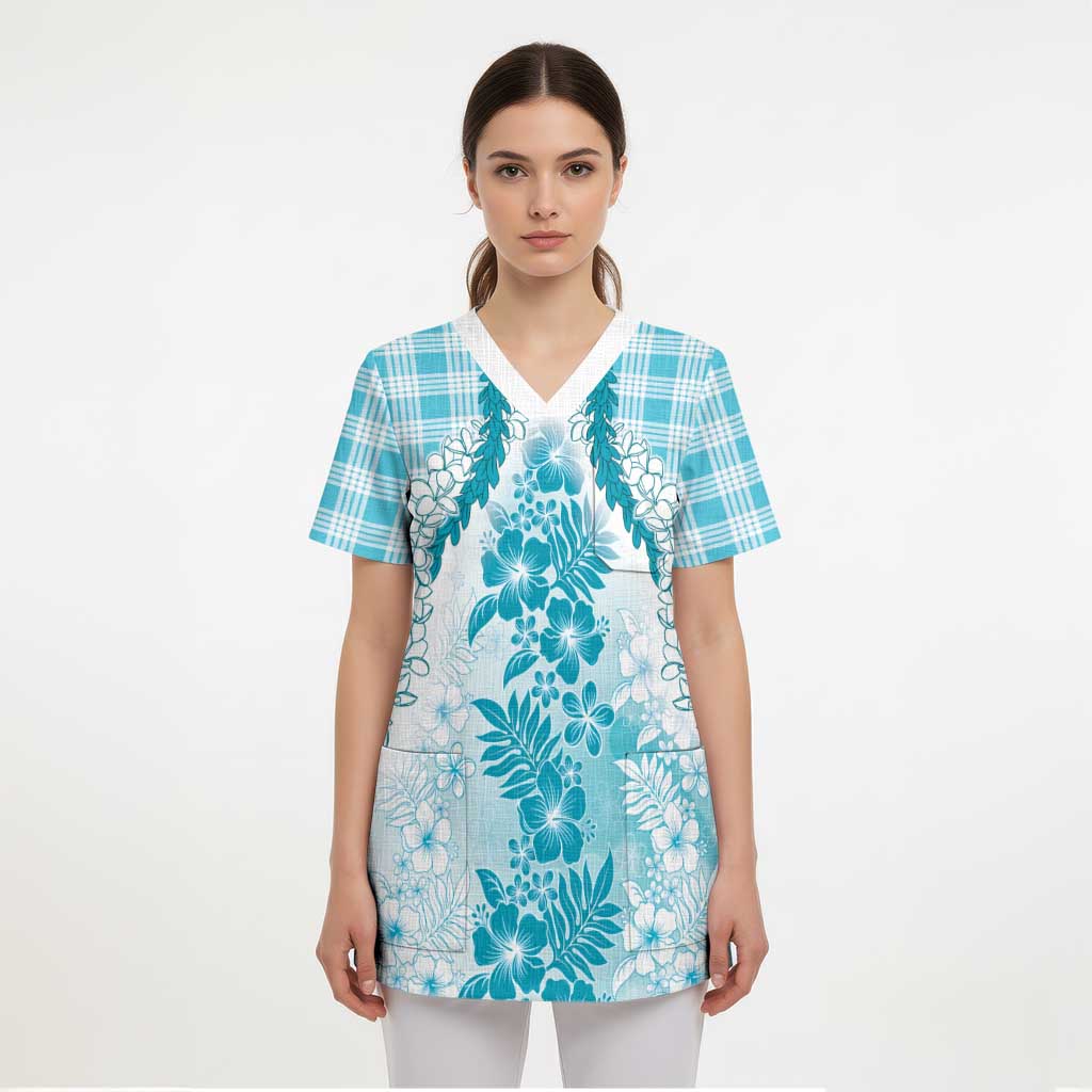 Aloha Hawaii Palaka Scrub Top Blue Plumeria Lei LT05 - Polynesian Pride