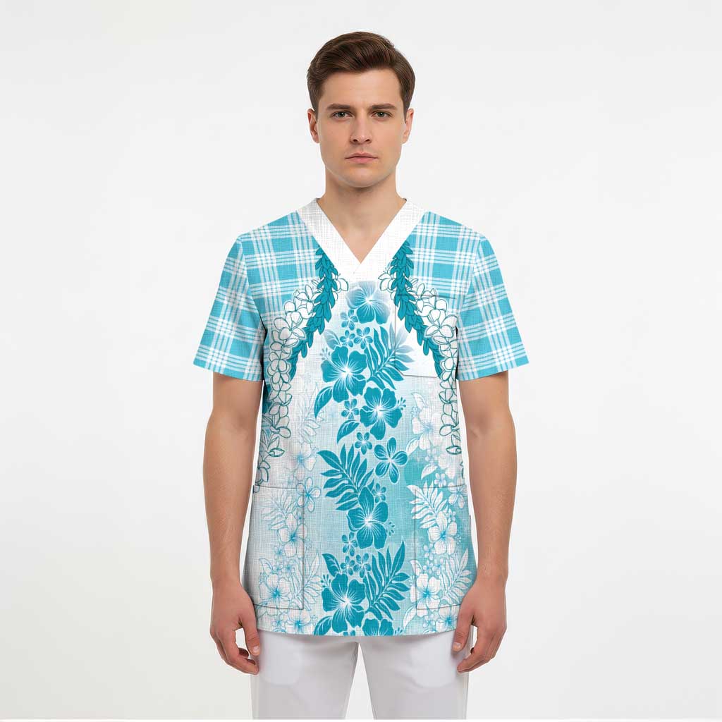Aloha Hawaii Palaka Scrub Top Blue Plumeria Lei LT05 - Polynesian Pride