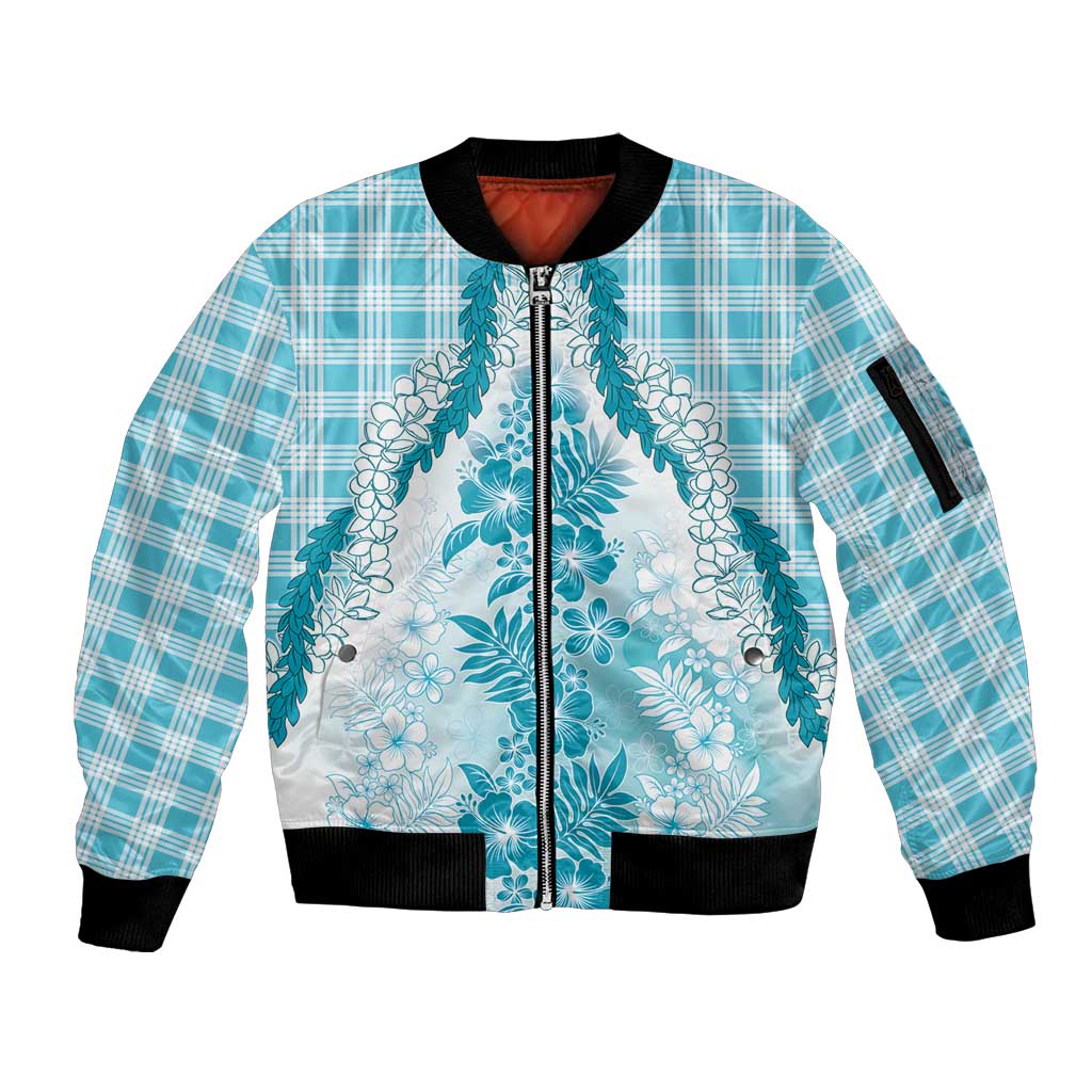 Aloha Hawaii Palaka Sleeve Zip Bomber Jacket Blue Plumeria Lei LT05 Unisex Blue - Polynesian Pride