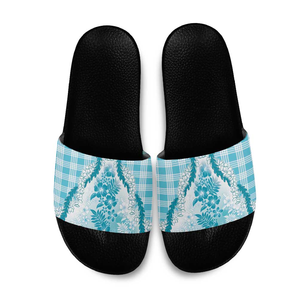 Aloha Hawaii Palaka Slide Sandals Blue Plumeria Lei LT05 Blue - Polynesian Pride