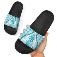 Aloha Hawaii Palaka Slide Sandals Blue Plumeria Lei LT05 - Polynesian Pride