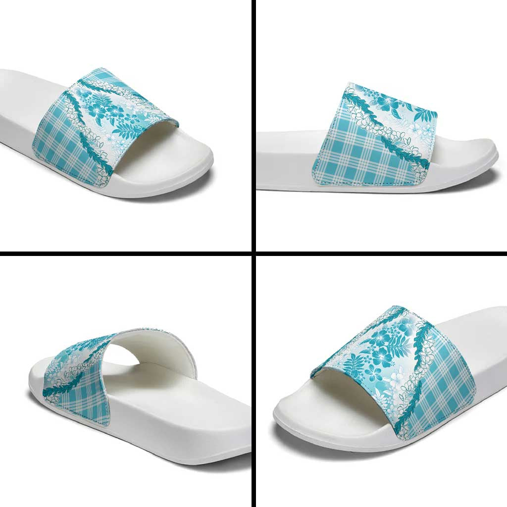 Aloha Hawaii Palaka Slide Sandals Blue Plumeria Lei LT05 - Polynesian Pride
