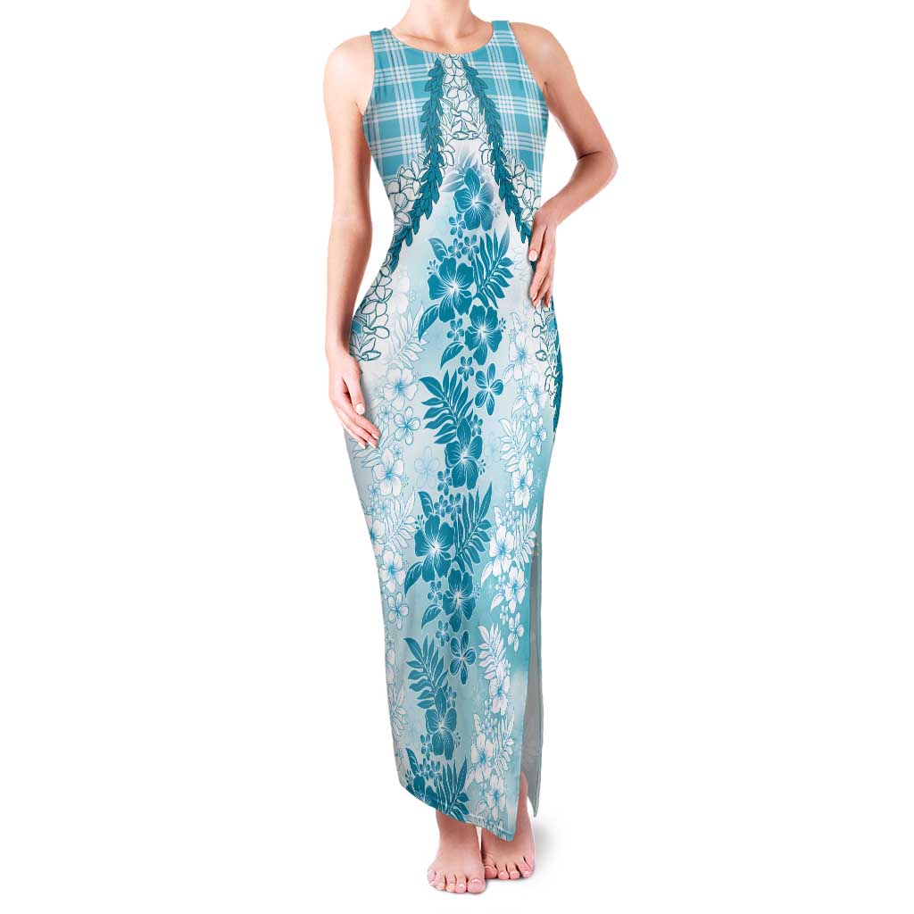 Aloha Hawaii Palaka Tank Maxi Dress Blue Plumeria Lei LT05 Women Blue - Polynesian Pride