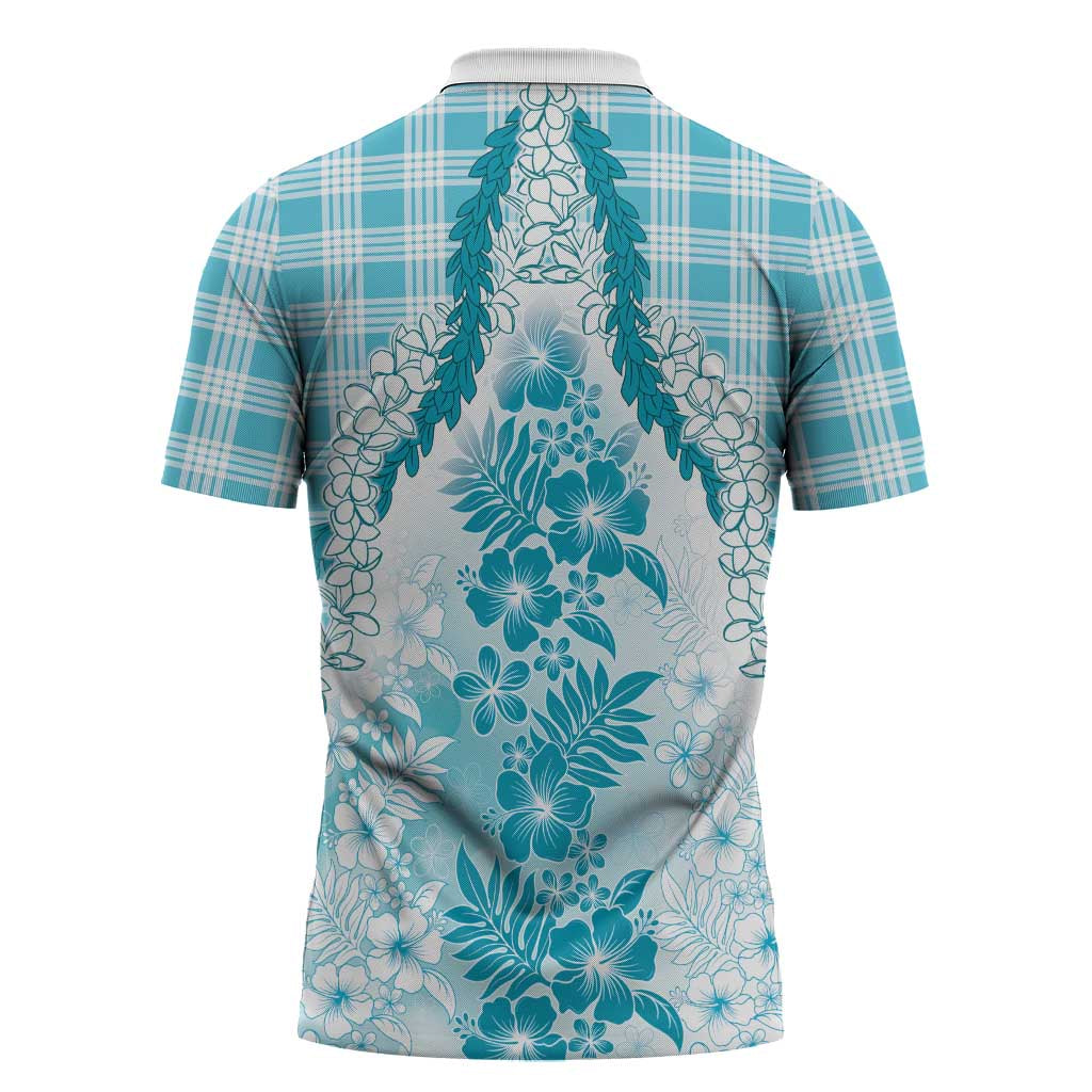 Aloha Hawaii Palaka Zipper Polo Shirt Blue Plumeria Lei LT05 - Polynesian Pride