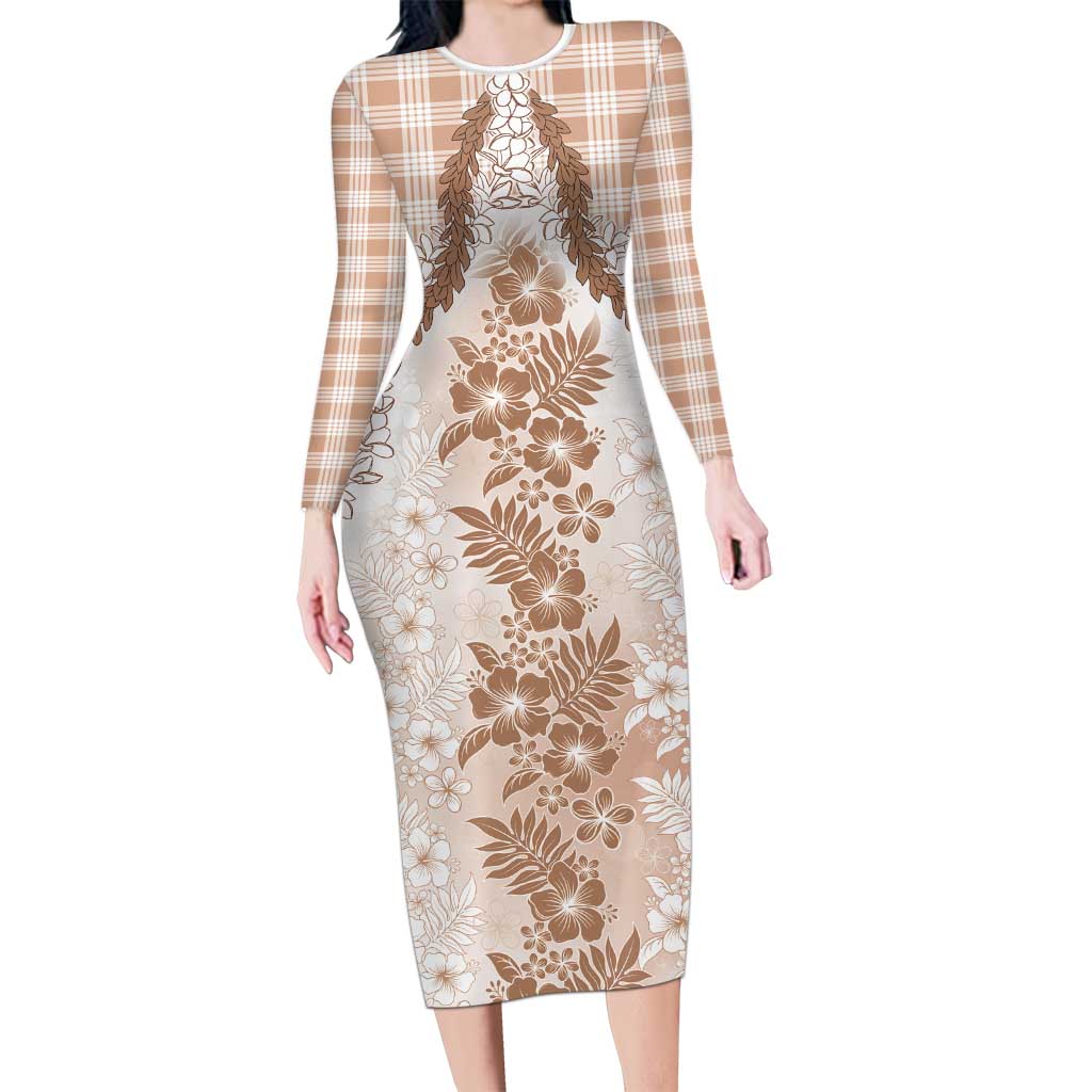 Aloha Hawaii Palaka Long Sleeve Bodycon Dress Beige Plumeria Lei LT05 Long Dress Beige - Polynesian Pride