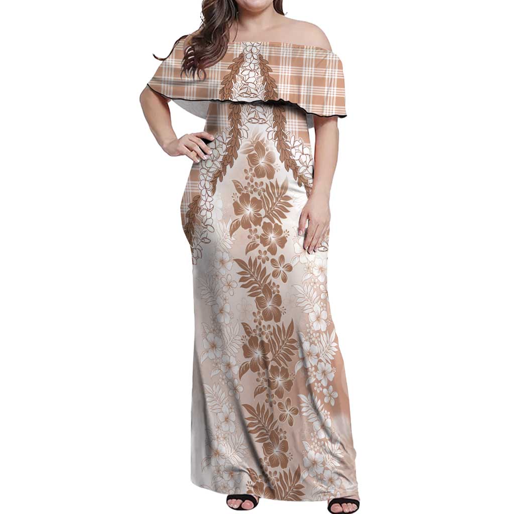 Aloha Hawaii Palaka Off Shoulder Maxi Dress Beige Plumeria Lei LT05 Women Beige - Polynesian Pride