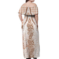 Aloha Hawaii Palaka Off Shoulder Maxi Dress Beige Plumeria Lei LT05 - Polynesian Pride