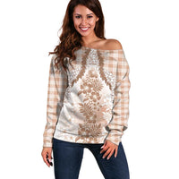 Aloha Hawaii Palaka Off Shoulder Sweater Beige Plumeria Lei LT05 Women Beige - Polynesian Pride