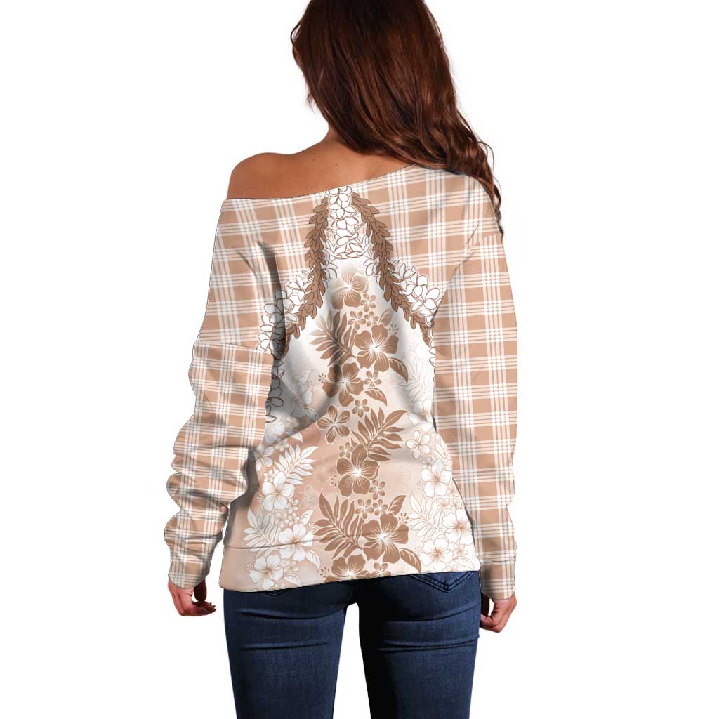 Aloha Hawaii Palaka Off Shoulder Sweater Beige Plumeria Lei LT05 - Polynesian Pride