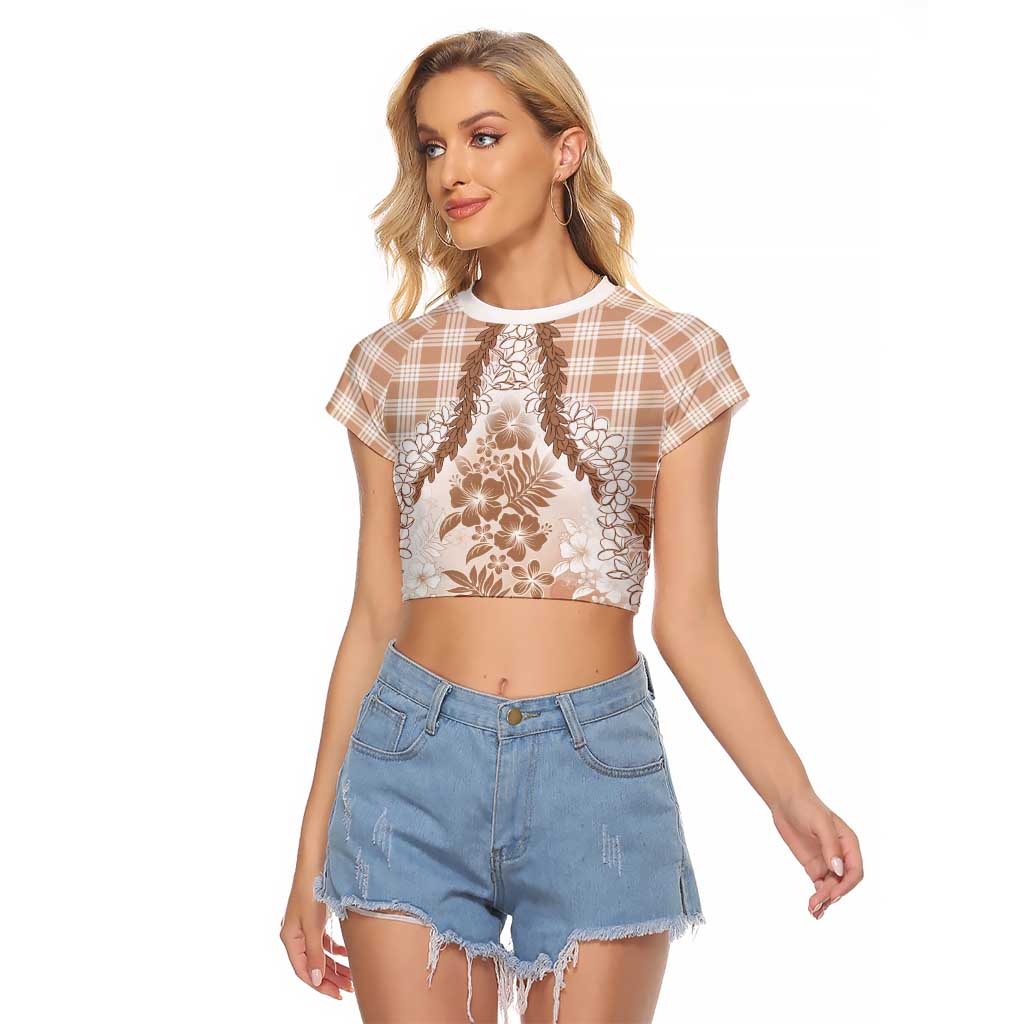 Aloha Hawaii Palaka Raglan Cropped T Shirt Beige Plumeria Lei LT05 Female Beige - Polynesian Pride