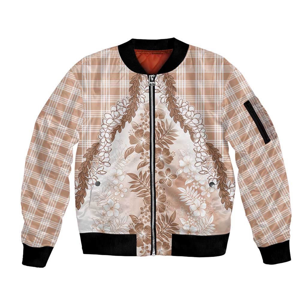 Aloha Hawaii Palaka Sleeve Zip Bomber Jacket Beige Plumeria Lei LT05 Unisex Beige - Polynesian Pride