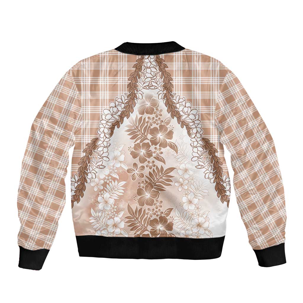 Aloha Hawaii Palaka Sleeve Zip Bomber Jacket Beige Plumeria Lei LT05 - Polynesian Pride