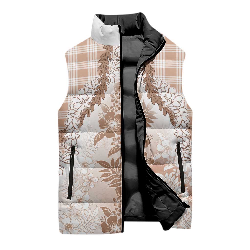 Aloha Hawaii Palaka Sleeveless Puffer Jacket Beige Plumeria Lei LT05 - Polynesian Pride