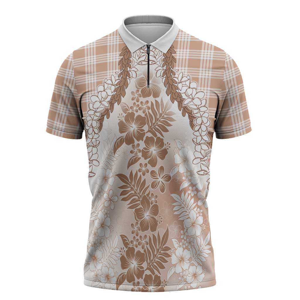 Aloha Hawaii Palaka Zipper Polo Shirt Beige Plumeria Lei LT05 Beige - Polynesian Pride