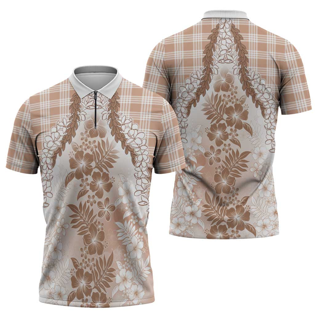 Aloha Hawaii Palaka Zipper Polo Shirt Beige Plumeria Lei LT05 - Polynesian Pride