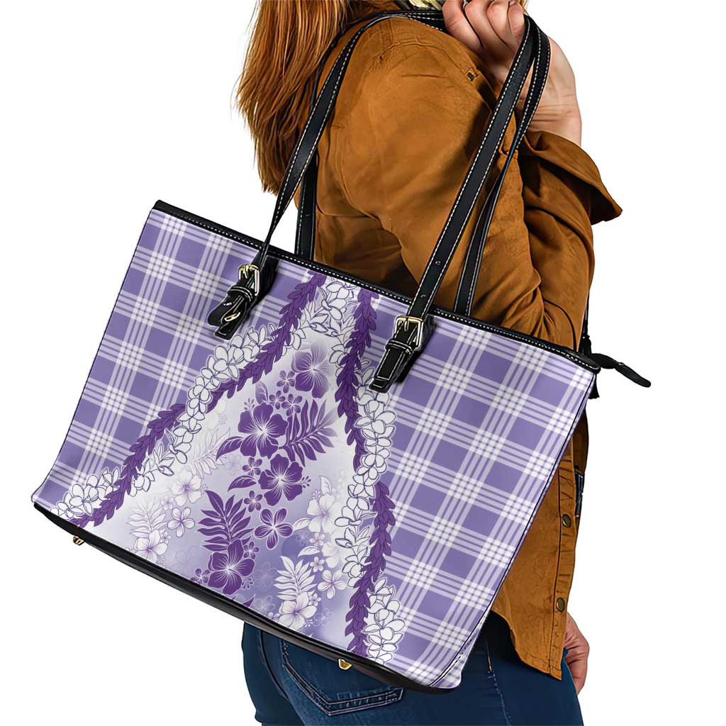 Aloha Hawaii Palaka Leather Tote Bag Purple Plumeria Lei LT05 - Polynesian Pride