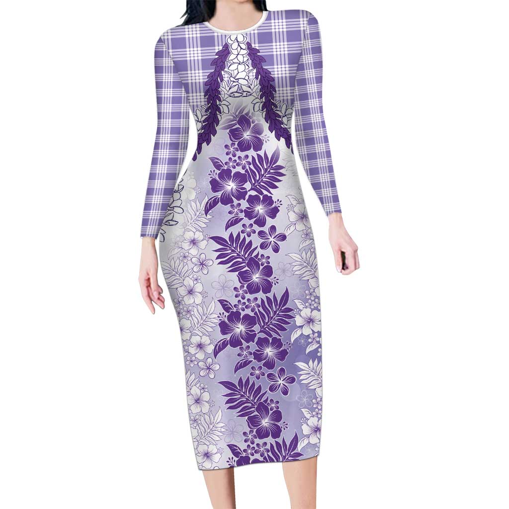 Aloha Hawaii Palaka Long Sleeve Bodycon Dress Purple Plumeria Lei LT05 Long Dress Purple - Polynesian Pride