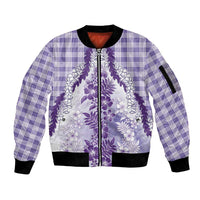 Aloha Hawaii Palaka Sleeve Zip Bomber Jacket Purple Plumeria Lei LT05 Unisex Purple - Polynesian Pride