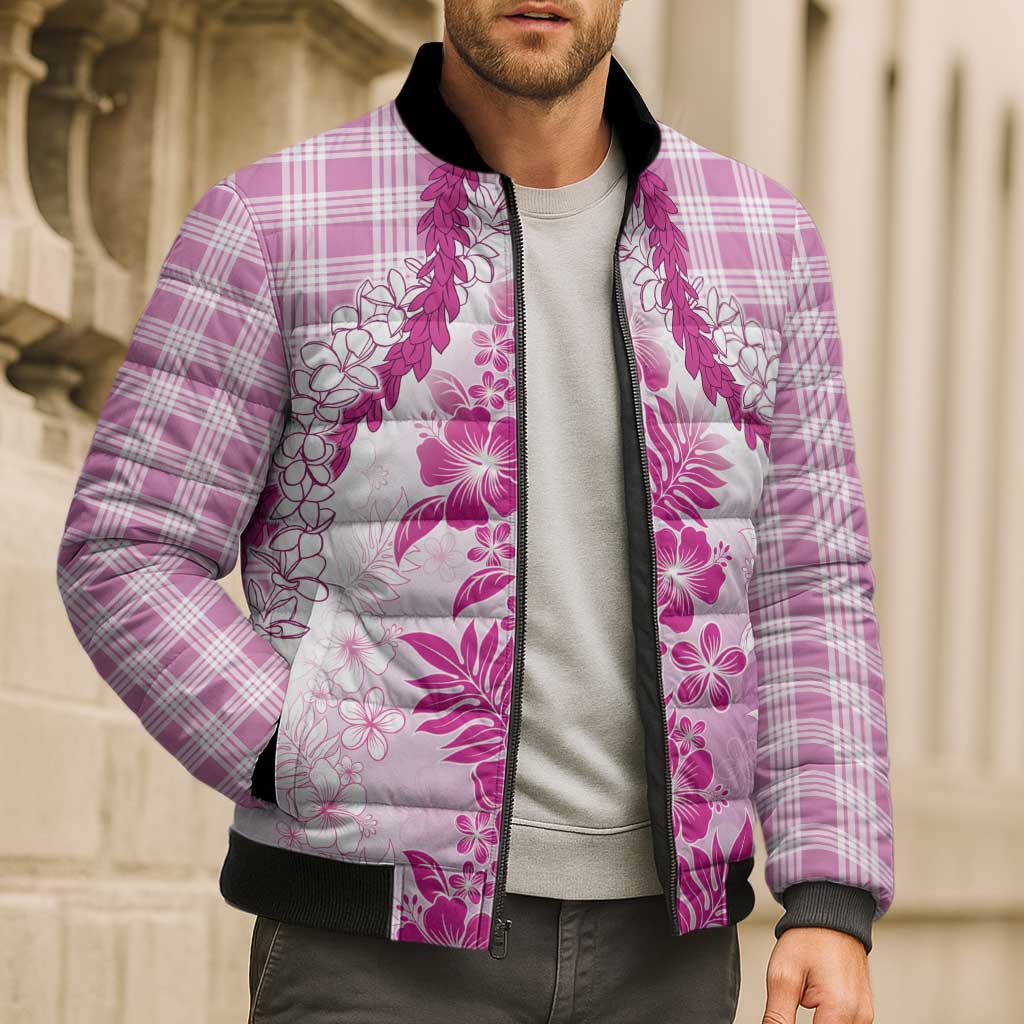 Aloha Hawaii Palaka Bomber Puffer Jacket Pink Plumeria Lei LT05 - Polynesian Pride