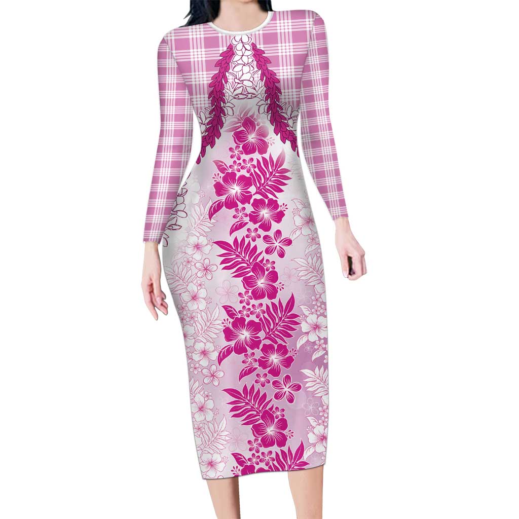 Aloha Hawaii Palaka Long Sleeve Bodycon Dress Pink Plumeria Lei LT05 Long Dress Pink - Polynesian Pride