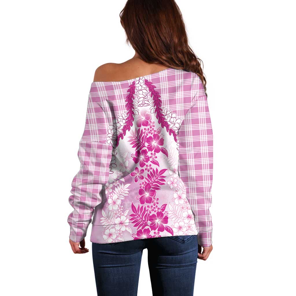 Aloha Hawaii Palaka Off Shoulder Sweater Pink Plumeria Lei LT05 - Polynesian Pride