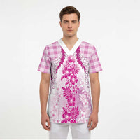 Aloha Hawaii Palaka Scrub Top Pink Plumeria Lei LT05 - Polynesian Pride