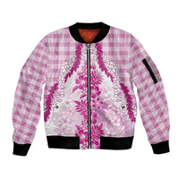Aloha Hawaii Palaka Sleeve Zip Bomber Jacket Pink Plumeria Lei LT05 Unisex Pink - Polynesian Pride