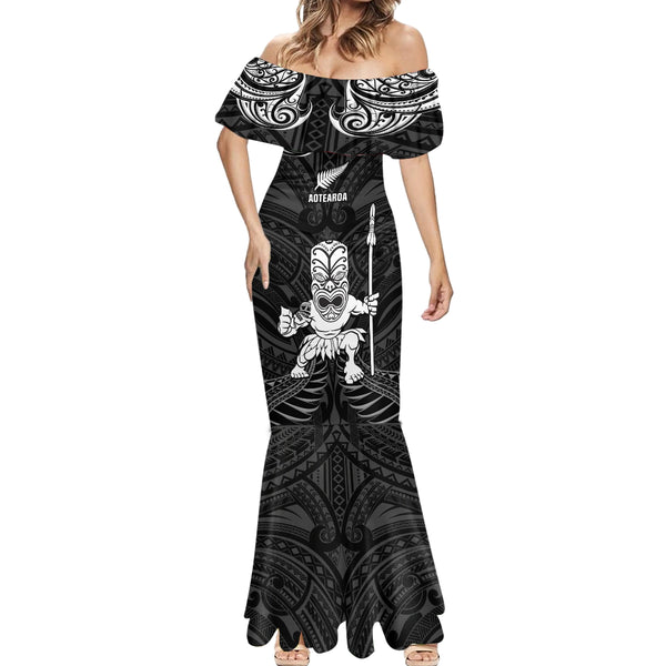 Custom New Zealand Maori Taiaha Mermaid Dress Tiki Warrior Black LT05